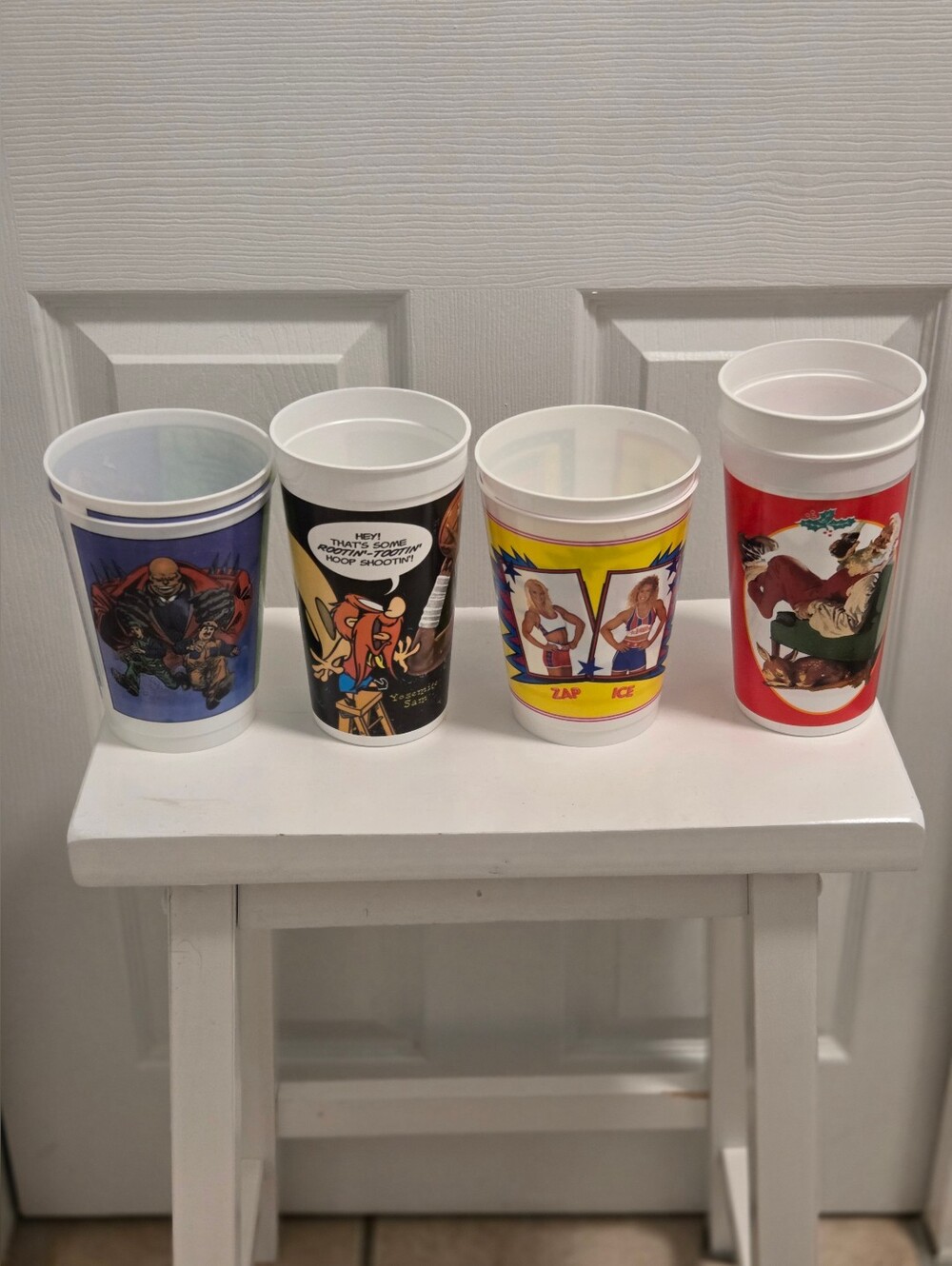 Vintage 90s Collectible Cups Mario, American Gladiators, Coca-Cola, Looney Tunes